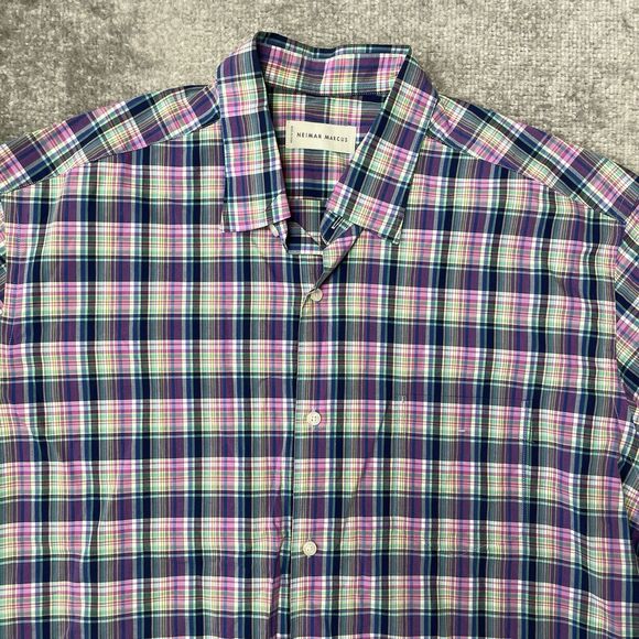 Neiman Marcus Shirt Mens Large Colorful Plaid Short Sleeve Button Up Preppy - Picture 2 of 6